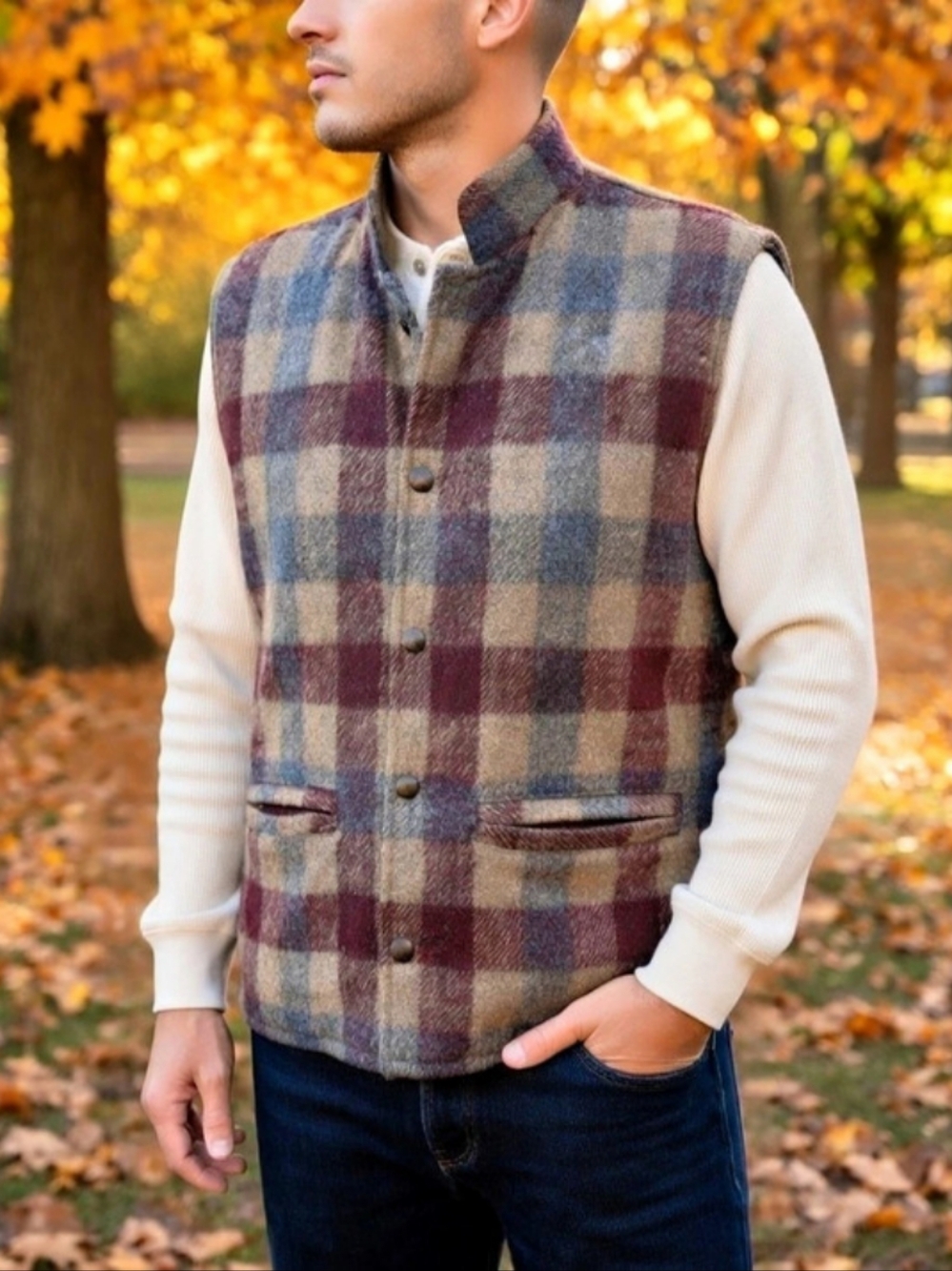Michael Richards Vintage Men's Plaid Wool Linen Blend Reversible Vest Size M